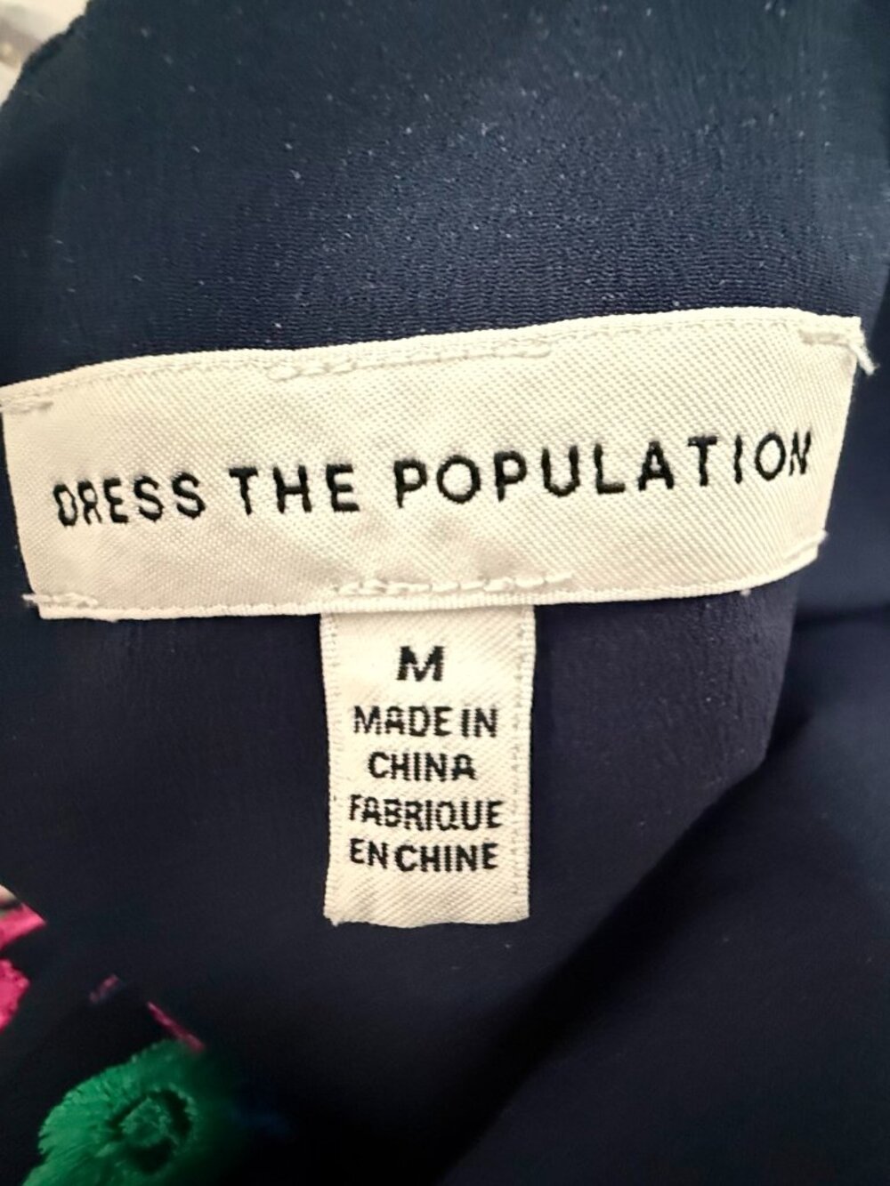 Dress the Population navy, pink embroidery